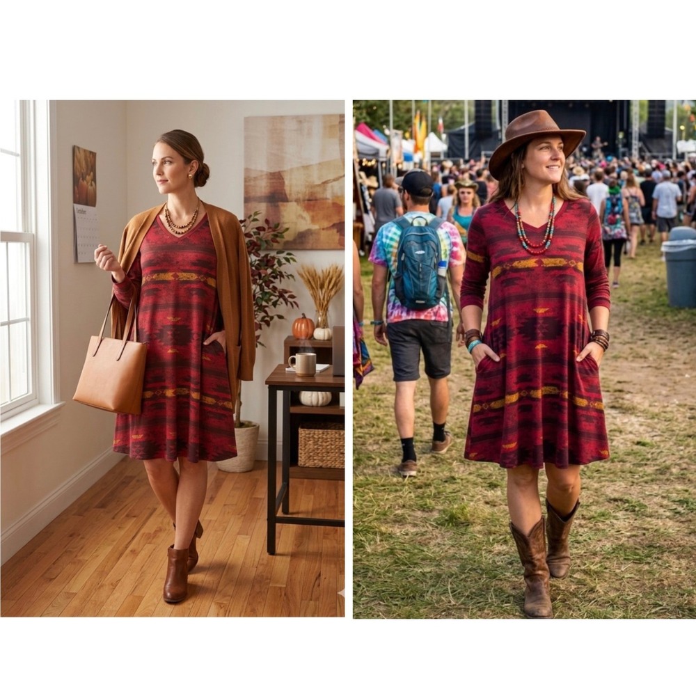 LuLaRoe Aztec Southwestern Long Sleeve V-Neck Swing Dress Pockets M Boho Tribal